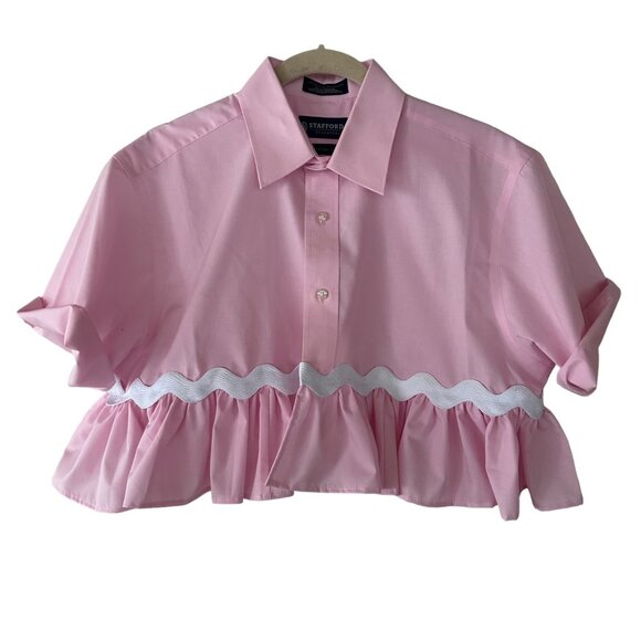 Custom Ruffle Cropped Button Up Shirt Rick Rack Trim Short Sleeve Upcycled Pink - Picture 1 of 7